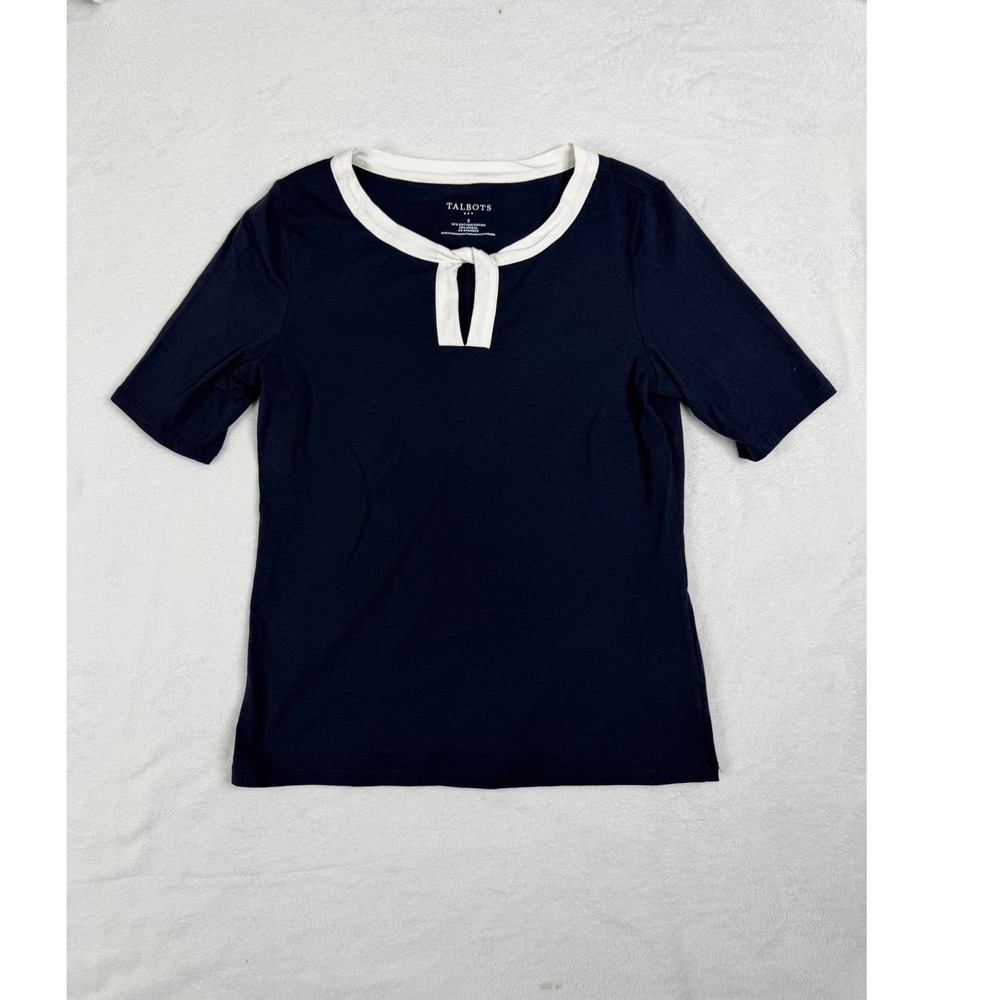 Talbots Navy Blue White Trim Keyhole Knot Neck Short Sleeve Top Small